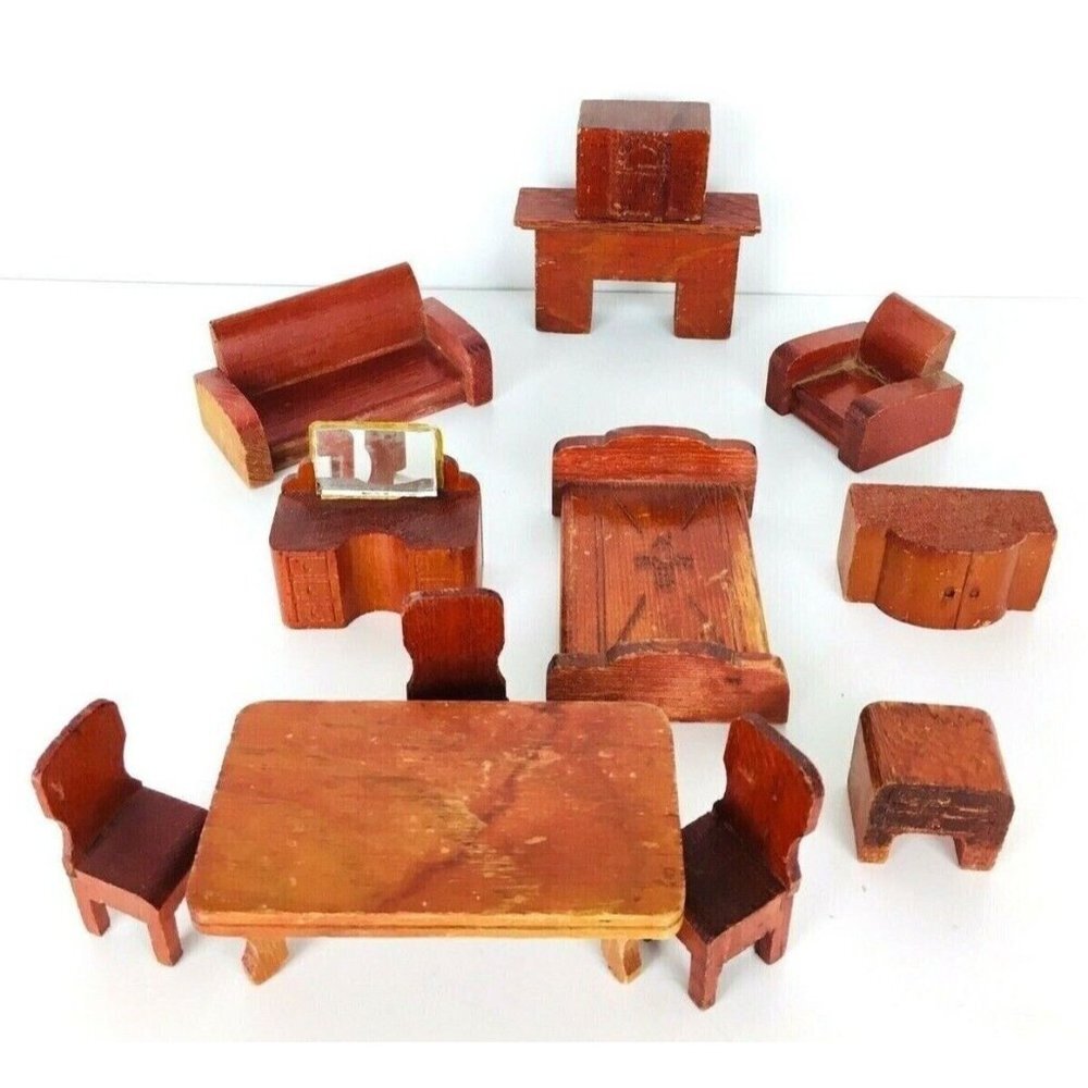 Antique Vintage Primitive Hand-Crafted Wooden Mini Dollhouse Furniture 1…